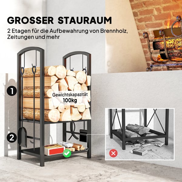 Vedffrvaring Vedstbll Metall Svart 40x30x74,5cm inkl. Verktyg