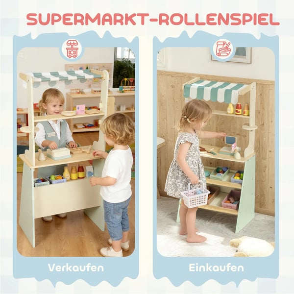 Lekbutik för barn, Grön Leksupermarket med 34 tillbehör, MDF/Plywood/Gummiträ/Furu/Metall/Polyester, 92,5x40x30 cm