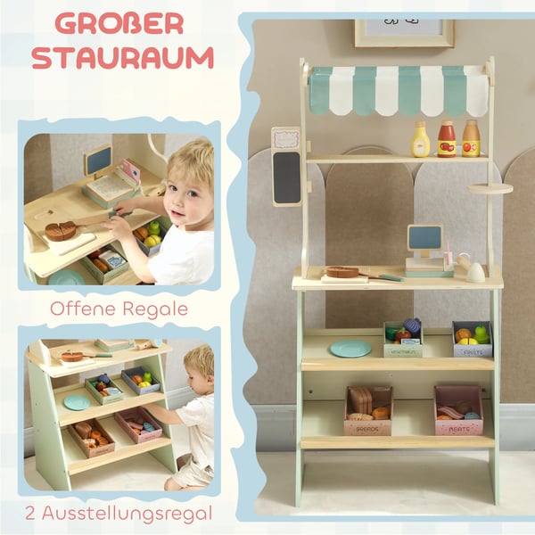 Lekbutik för barn, Grön Leksupermarket med 34 tillbehör, MDF/Plywood/Gummiträ/Furu/Metall/Polyester, 92,5x40x30 cm