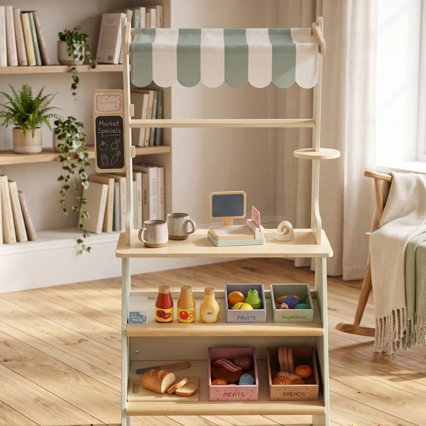 Lekbutik för barn, Grön Leksupermarket med 34 tillbehör, MDF/Plywood/Gummiträ/Furu/Metall/Polyester, 92,5x40x30 cm