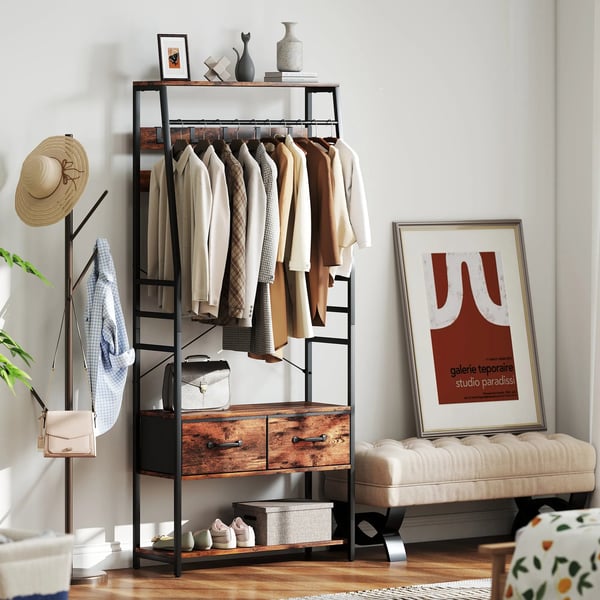 Garderobe med skohylde, 10 kroge, 2 skuffer, tqjstang, spanplade, metal, brun