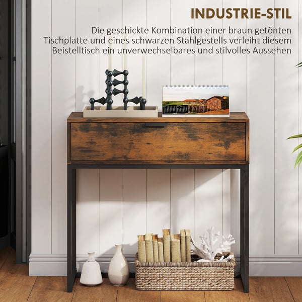 Konsolbord med skuffe, industrielt design, 80x30x76 cm, rustik brun