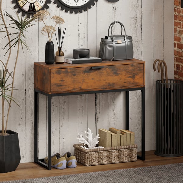 Konsolbord med skuffe, industrielt design, 80x30x76 cm, rustik brun