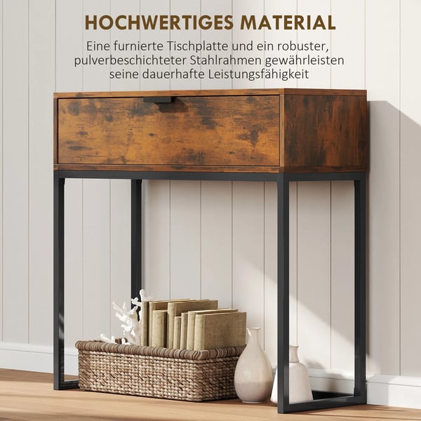 Konsolbord med skuffe, industrielt design, 80x30x76 cm, rustik brun