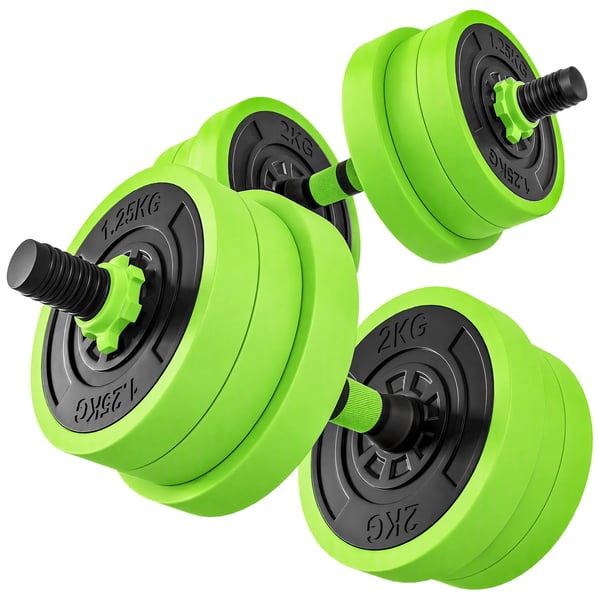 4-i-1 Vægtætsæt 20 kg – Justerbar Håndvægt & Vægtstang, Kettlebell, Armbøjninger – Grøn Plastik