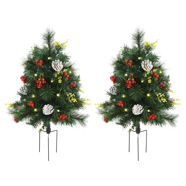 2-pack konstgjorda julgranar 75cm, gröna PVC-grenar, med kottar, bär och LED-ljus 2-pack konstgjorda julgranar 75cm, gröna PVC-grenar, med kottar, bär och LED-ljus