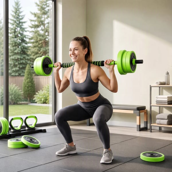 4-i-1 Vægtætsæt 20 kg – Justerbar Håndvægt & Vægtstang, Kettlebell, Armbøjninger – Grøn Plastik