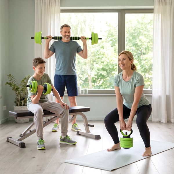 4-i-1 Vægtætsæt 20 kg – Justerbar Håndvægt & Vægtstang, Kettlebell, Armbøjninger – Grøn Plastik