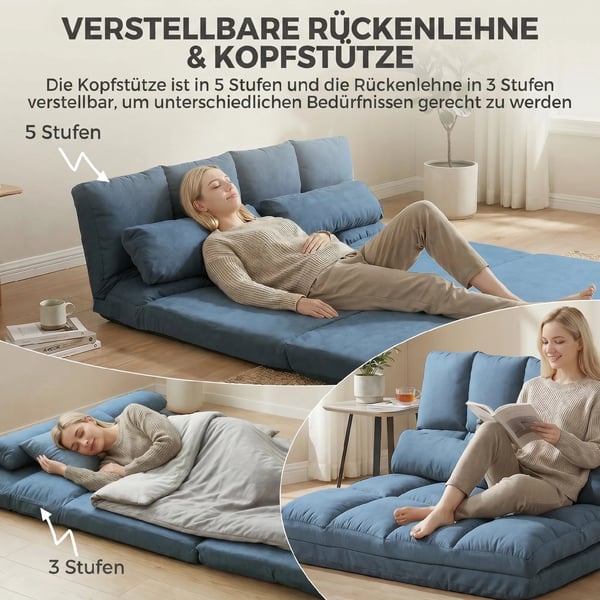 Golvstol 2-i-1 Golvsits Vikbar Säng Ryggstöd Justerbart i 3 Positioner Sittkudde Sammet Stål Blå 102x73x60cm