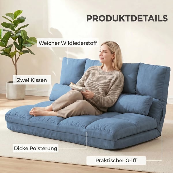 Golvstol 2-i-1 Golvsits Vikbar Säng Ryggstöd Justerbart i 3 Positioner Sittkudde Sammet Stål Blå 102x73x60cm