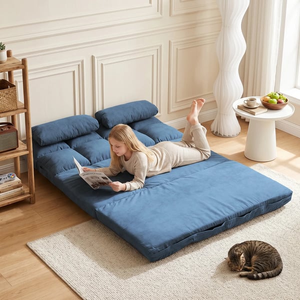 Golvstol 2-i-1 Golvsits Vikbar Säng Ryggstöd Justerbart i 3 Positioner Sittkudde Sammet Stål Blå 102x73x60cm