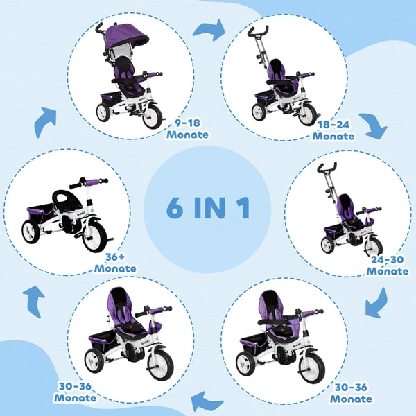 6-i-1 Trehjuling barn cykel, lila metall/plast, 1-5 år