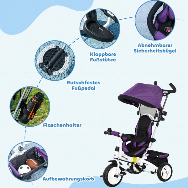 6-i-1 Trehjuling barn cykel, lila metall/plast, 1-5 år
