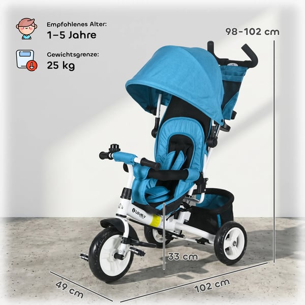 6-i-1 trehjuling med skjutstång, barncykel med avtagbart soltak, kudde och 5-punktssele, blå polyester