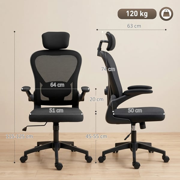 kontorsstol, ergonomisk skrivbordsstol med uppfällbara armstöd, justerbart svankstöd, svart