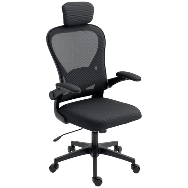 kontorstol, ergonomisk skrivebordsstol med opklappelige armlæn, justerbar lændestøtte, sort kontorstol, ergonomisk skrivebordsstol med opklappelige armlæn, justerbar lændestøtte, sort
