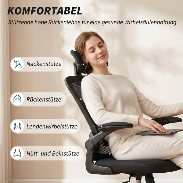 kontorsstol, ergonomisk skrivbordsstol med uppfällbara armstöd, justerbart svankstöd, svart