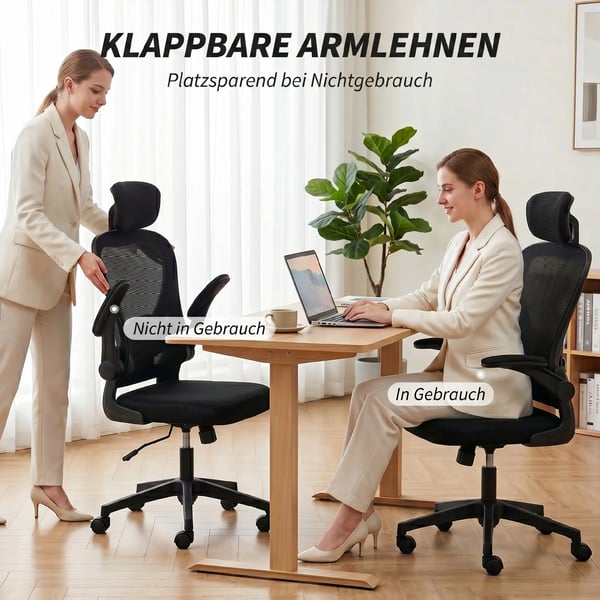kontorsstol, ergonomisk skrivbordsstol med uppfällbara armstöd, justerbart svankstöd, svart