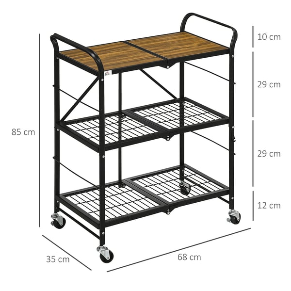 Foldbar Rullevogn til Køkken & Servering - 3 Hylder, Hjul, Stål/Træ, Brun/Sort