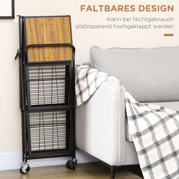 Foldbar Rullevogn til Køkken & Servering - 3 Hylder, Hjul, Stål/Træ, Brun/Sort