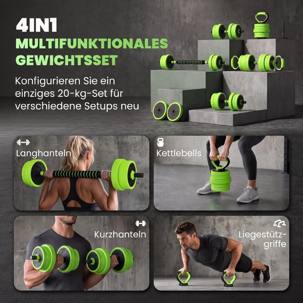4-i-1 Vægtætsæt 20 kg – Justerbar Håndvægt & Vægtstang, Kettlebell, Armbøjninger – Grøn Plastik