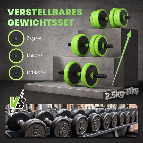 4-i-1 Vægtætsæt 20 kg – Justerbar Håndvægt & Vægtstang, Kettlebell, Armbøjninger – Grøn Plastik