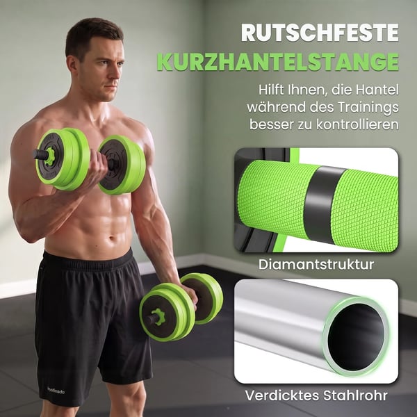 4-i-1 Vægtætsæt 20 kg – Justerbar Håndvægt & Vægtstang, Kettlebell, Armbøjninger – Grøn Plastik