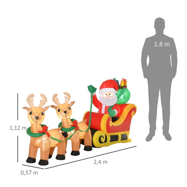 Uppblåsbar jultomte med renar, 6 LED-lampor, 240 cm. Väderbeständig juldekoration. Självuppblåsande juldekoration för inomhus- och utomhusbruk.