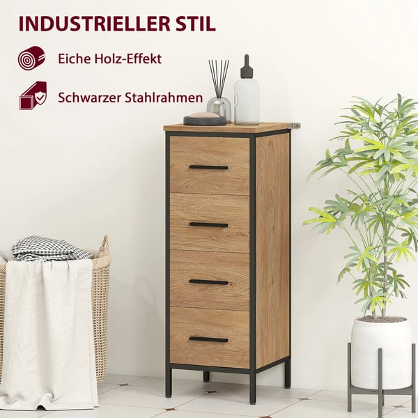 Badrumsskåp med 4 lådor, ek, kompakt, industriell stil, spånskiva och stål, 30x30x82 cm