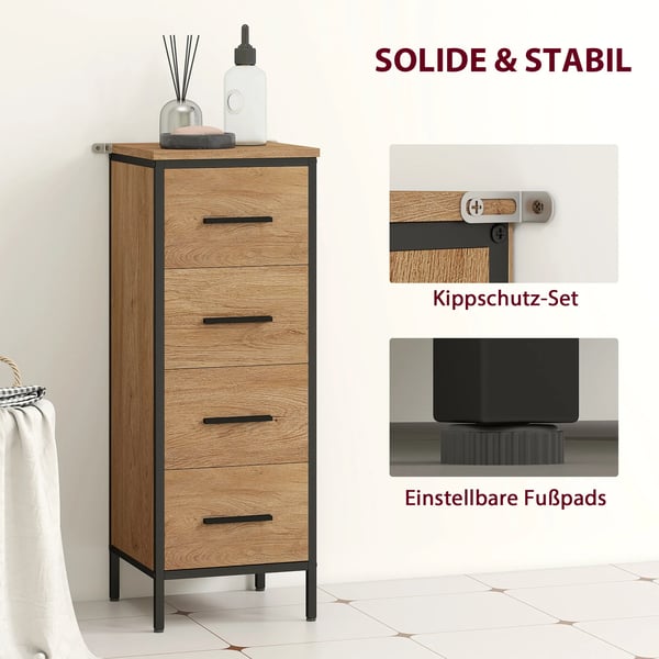 Badrumsskåp med 4 lådor, ek, kompakt, industriell stil, spånskiva och stål, 30x30x82 cm