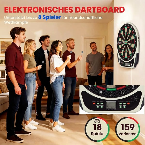 Elektronisk Dartskive Dart-sæt med LCD-display, 6 pile, 24 dartspidser, 18 spil og 159 træffer-muligheder til 8 spillere, flerfarvet