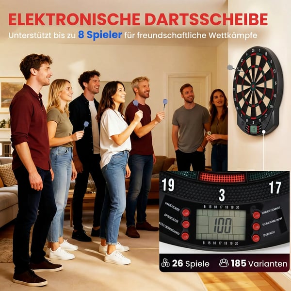 Elektronisk Dartskive - 26 spil, 185 scoringsmuligheder, 6 pile, til 8 spillere, sort PP
