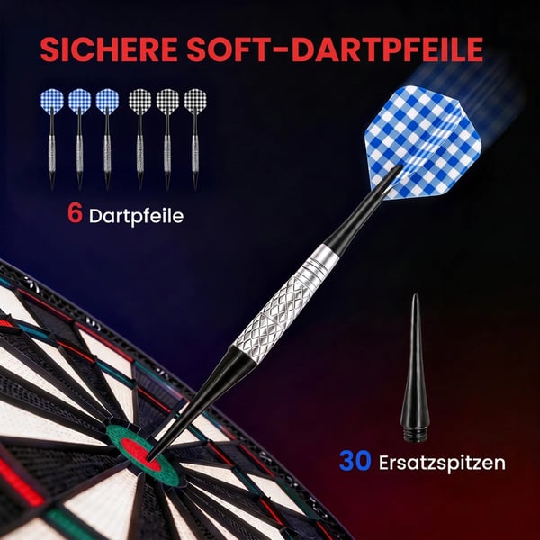 Elektronisk Dartskive - 26 spil, 185 scoringsmuligheder, 6 pile, til 8 spillere, sort PP