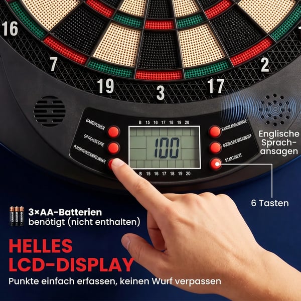 Elektronisk Dartskive - 26 spil, 185 scoringsmuligheder, 6 pile, til 8 spillere, sort PP