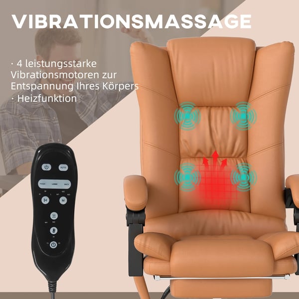 Massagestol med fotstöd och värme, kontorsstol i ljusbrunt konstläder, 135° recliner med smidig snurrfunktion