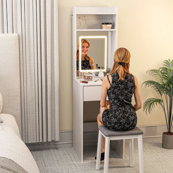 Sminkbord med LED-spegel och utfällbar skiva, vit, MDF med tre hyllor och låda