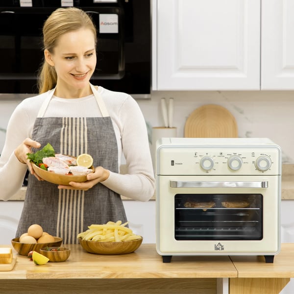 Multifunktionel Miniovn med Varmluft, 20L, 1400W, Multifunktionel Ovn med Airfryer, Brdrister, Grill, Bagefunktion, Cremefarvet, Stl