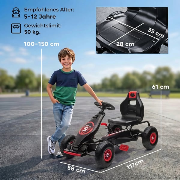 Gokart för barn, trampbil i röd och svart med justerbar sits och handbroms, för utomhusbruk, 5-12 år