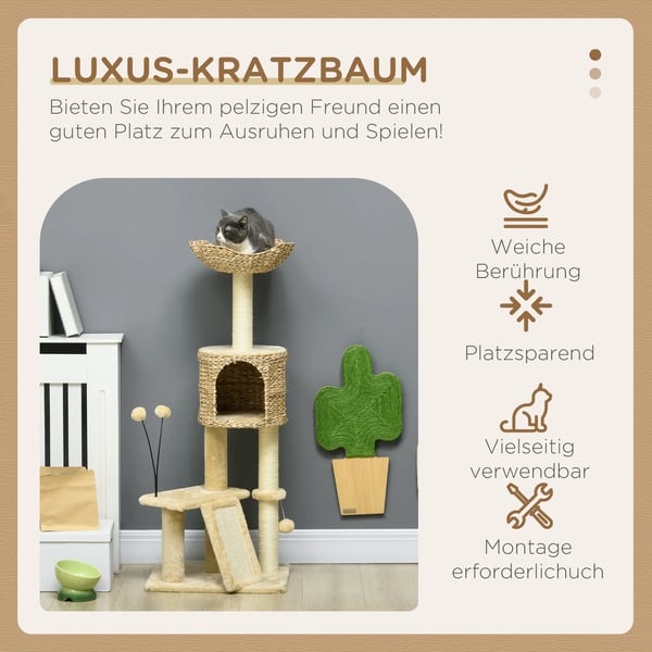 Katte kradsetræ 116cm - Sisal, med hule og seng - Beige