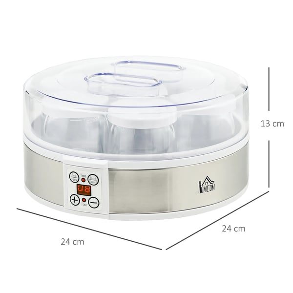 Yoghurtmaskine, Hvid, Rustfrit Stål, 7 Glasbeholdere, 20W, LED Display, Timer 1-48t, Temp. 25-50°C