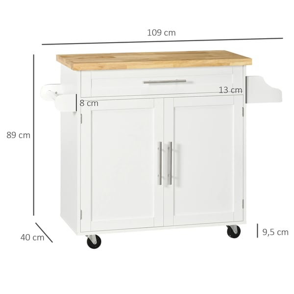 Kksvagn 109x40x89cm Vit med Bnkskiva Kryddhylla Handdukshllare Stabil Mobil Lda Skp MDF Gummitr
