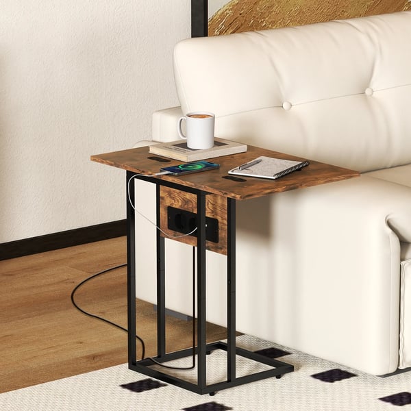 Fällbart Sidobord med Laddningsstation, USB-C, C-Form, 39x29x57 cm, Rustik Brun/Svart