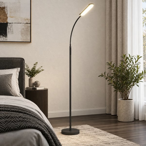 LED Gulvlampe, Stående Lampe med Fjernbetjening, Justerbar Svanehals, Timer, Hukommelse - Sort, Stål