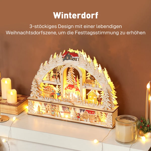 Julby med LED-belysning, 45 cm Skapad i naturträ med snögubbe, ren och träd