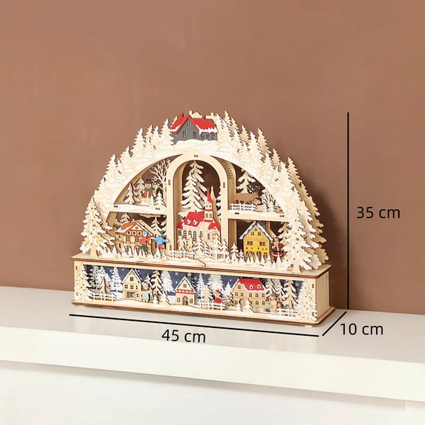 Julby med LED-belysning, 45 cm Skapad i naturträ med snögubbe, ren och träd