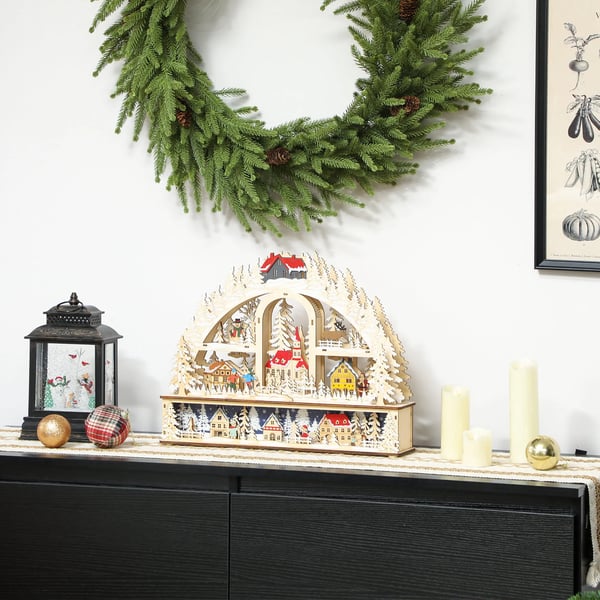 Julby med LED-belysning, 45 cm Skapad i naturträ med snögubbe, ren och träd