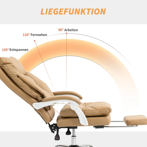 Ergonominen tomiistotuoli, ristiselän tuki, käsinojat, jalkatuki, keinonahka, vaaleanruskea