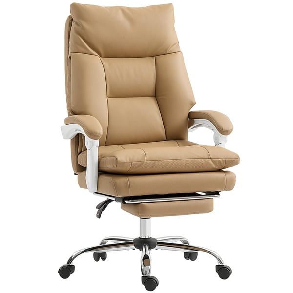 Ergonominen tomiistotuoli, ristiselän tuki, käsinojat, jalkatuki, keinonahka, vaaleanruskea