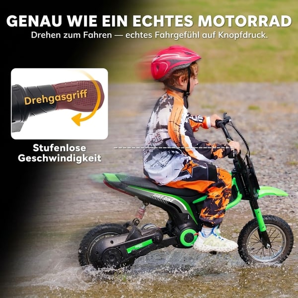 Elektrisk Børnemotorcykel 12V i Grøn - Metalramme, 8-16 km/t, 8-12 år