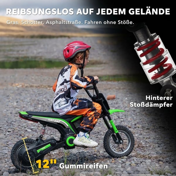 Elektrisk Børnemotorcykel 12V i Grøn - Metalramme, 8-16 km/t, 8-12 år